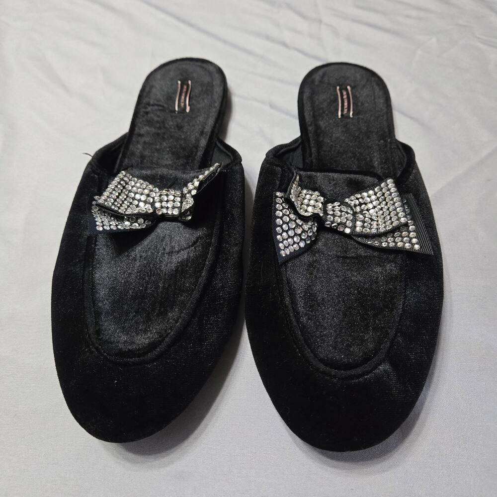 Victoria's Secret Black Velvet Rhinestone Bow Slipper Mules